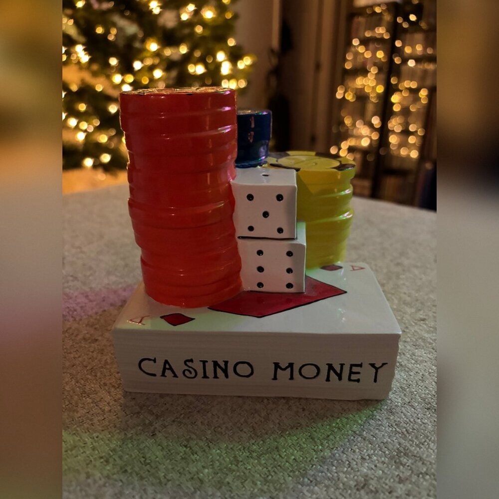 Vintage Casino Money Piggy Bank (Ceramic) - Chips Dice and Cards